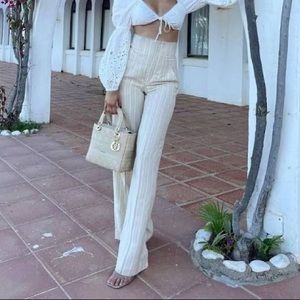 Zara Women's Sz M Beige Stripe Linen Blend High Rise Wide Leg Trousers Pants Nwt